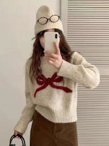 หลวม ปมผีเสื้อปักพอดี เสื้อสเวตเตอร์ สั้น หนาขึ้น นุ่ม ฤดูใบไม้ร่วง ฤดูหนาว รูปแบบใหม่ สไตล์เกาหลี ลดอายุ ผู้หญิง เสื้อท่อนบน