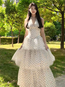 CHANGTONG | Halter V-Neck Polka Dot Puffy Dress