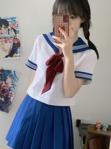 Short Sleeve Sailor Suit Uniform JK School Uniform Sea Gull Line Design in Prussian Blue for Women 18-25 Years Old Summer Wear