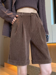 Caramel Corduroy Suit Wide Leg Short Pants Womens Autumn Winter Outerwear High Waist Slimming Cuffed A-Line Casual Five-Quarter Pants