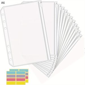 12 Pcs Clear PVC Zippered Binder Pocket A5/A6 Size File Storage with Tabs - Durable and Versatile Organizer Accessory