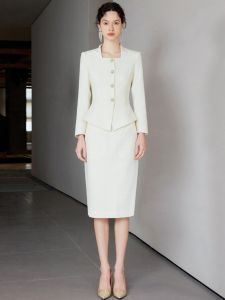 French Style Slim Fit Two Piece Suit in Beige for Commuting Professional Fashion Set Square Collar New 2025 Elegant Workwear