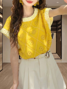 Shalldoer | Áo sơ mi nữ tay ngắn màu vàng thiết kế lưới khoét lỗ độc đáo mùa hè mới đẹp mắt chất liệu polyester thường ngày