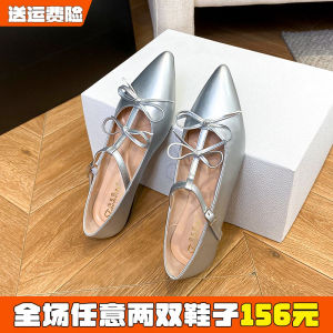 French Elegant Pointed Toe Butterfly Knot Flat Bottom Mary Jane Shoes Womens Autumn Silver Size 41 to 43 Fashionable Casual Flats