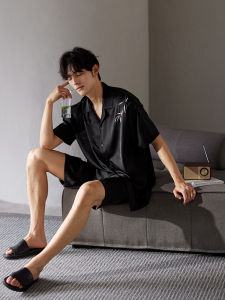 Home Fashion Mens Summer Ice Silk Sleepwear Short Sleeve Black Pants Casual Home Clothes Simulation Silk Button Decoration