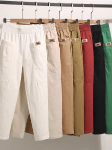 กางเกงขายาวทรงตรงเอวยางยืดผ้าฝ้ายแท้ไซส์ใหญ่สำหรับผู้หญิงในฤดูใบไม้ผลิและฤดูใบไม้ร่วง แฟชั่นลำลอง เอวกลาง ระบายอากาศได้ดี กางเกงฮาเร็มขนาดเล็ก