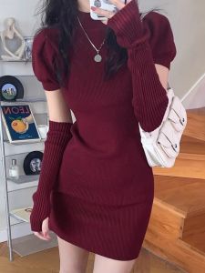 New Year Knightly Christmas Red Knitted Dress Womens Small Size Wrap around Skirt Sleeve Top Sweater Dress Elegant Commute