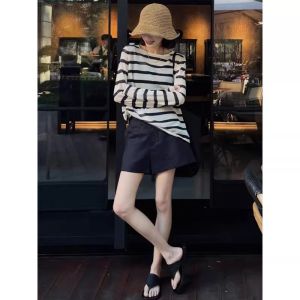 French Style Black Stripes Shoulder Long Sleeves Ice Silk Mask T-Shirt Air Conditioning Shirt for Women Summer Loose Blouse