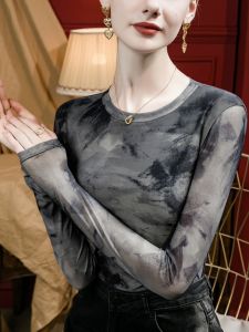 Retro Tie Dye Print Mesh Base Shirt Womens Slim Fit Autumn New Style Fashionable Womens T-Shirt Top Small Shirt