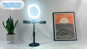 Ring Light Dual Phone Stand,Retractable and Foldable Portable Adjustable Stable Height and Light LED Ringlight Lighting with 360° Rotatable Phone Holder for Table Live Stream Selfie Photography