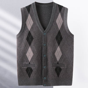 Mens Knitted Wool Vest Autumn Winter Thickened Business Casual V-Neck Grandpa Style Middle-Aged Dad Sweater Vest for Seniors