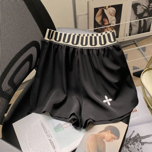 กางเกงขาสั้นผ้ายืดเอวสูงสีดำสำหรับผู้หญิงในช่วงฤดูร้อน กางเกงขาสั้นทรงหลวม ผ้าไหมน้ำแข็งบาง กางเกงขายาวทรงตรง