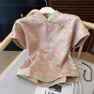 PAIBOLI | New Chinese Style Retro Button Up Short Sleeve Pink Top Summer Slimming Ageless Small Shirt High End Feelings National Spirit
