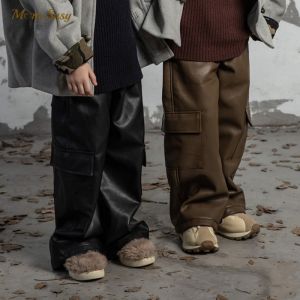 Fashion Baby Boy Girl PU Leather Loose Cargo Pant Fleece Inside Child Faux Leahter Trousers Warm Winter Spring Kid Clothes 1-14Y