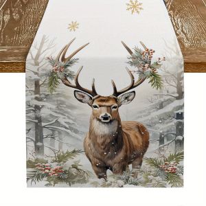 VIKAMA Reindeer Snowflake Table Runner Polyester Fabric Table Runner Ideal for Holiday Banquet Party Decorations