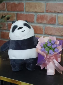 Cute Panda Gift Set with Flower Bouquet & Free Card for Her - Perfect for Anniversary Christmas Mothers Day Birthday Wedding Valentine Teacher Gifts - Soft Plush Toy & Mini Bouquet - Ready-to-Gift Packaging