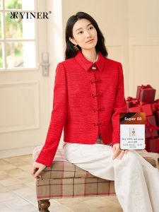 Cherry Red New Chinese Style Buttoned Silk Textured Short Jacket