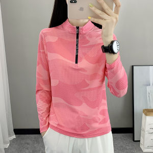 Outdoor Quick-Drying T-shirt Womens Sports Running Long Sleeve Spring & Fall Hiking Sweat-Absorbent Breathable Elastic Stand Collar Camouflage Quick-Dry Clothes