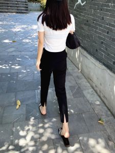 High Waist Nine-Tenths Slit Suit Pants Women Summer Slim Fit Black Casual Straight Harlan Smoke Tube Pants Versatile Fashion