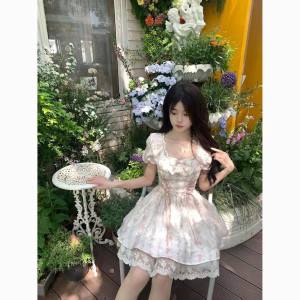 Sweet Cute Bows Square Collar Floral Dress Womens Summer New Arrival Puff Sleeves Waist-Tight Figure Flattering Puffy Dress