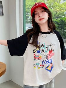 Pure ผ้าฝ้าย เสื้อยืดแขนสั้นสําหรับเด็กผู้หญิง ฤดูร้อน 2024 ใหม่ สไตล์เกาหลี แฟชั่นเย็บปะติดปะต่อกัน เสื้อท่อนบน เด็ก หลวม ครึ่งแขน