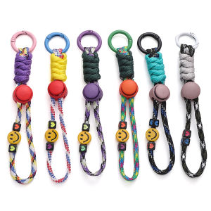 1ชิ้น14ซมสายคล้องโพลีเอสเตอร์สีสันสดใสสายคล้องลูกปัดพวงกุญแจรูปรอยยิ้มพวงกุญแจโลหะแบบมีตะขอประดับพวงกุญแจอุปกรณ์การค้นหาเครื่องประดับตัวเชื่อมต่อ