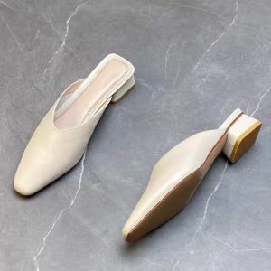 Xiaoluo Original Closed Toe Half Slippers for Women Outwear 2023 Summer New Arrival Leather Mid Heel Elegant Chunky Heel Mules Shoes