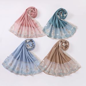 Jifang Colorful Embroidery Flower Floral Lace Plain Bubble Chiffon Pashmina Shawl Head Scarf Party Wedding Raya Muslim Hijabs Shawls WC07