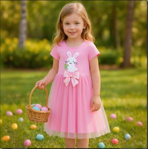Easter Themed Kids Girls Dress 100% Cotton Top Mesh Skirt Short Sleeve Bowknot Princess Dress Rabbit Appliqué Embroidery 2-7Y