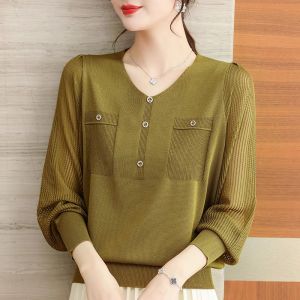 WANGGONGZHU | V-Neck Long Sleeve Mommy Style T-Shirt Womens Knitted Lace Casual Thin Loose Top Autumn Fashion Princess Commute Style