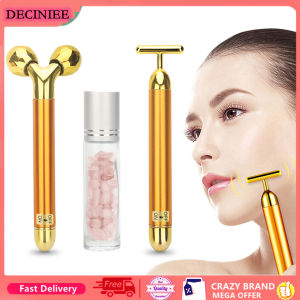 DECINIEE 3 in 1 Energy Beauty Bar 24k Golden Vibrating Facial Roller Massager Face Lifting Anti-wrinkle Skin Care Gemstone Roller Ball