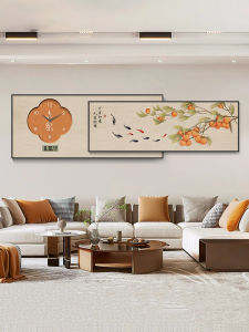 New Chinese Style Living Room Decorative Painting Wealthy Nine Fish Clock Wall Art Sofa Background Modern Home Decor