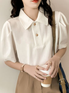 Simple Pure Cotton Bubble Sleeve Polo Collar Womens Shirt Korean Style Summer New Design French Style Top Online Exclusive