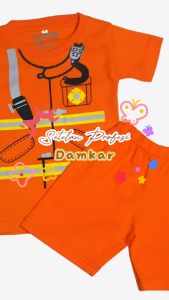 Setelan Kaos Anak laki Laki Motif Damkar Pemadam Kebakaran Celana Pendek Anak Usia 1-6 Tahun Katun
