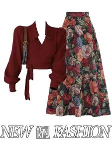YNY | Autumn Fashion Set Flap Collar Wine Red Top High Waist Vintage Skirt 2pcs
