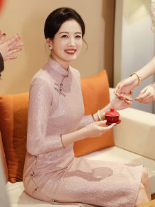 Elegant Young Mother Wedding Dress Cheongsam Evening Gown Short Sleeve mid Waist Fit for Wedding Banquet High End Fashion