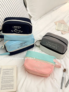 กระเป๋าเครื่องสำอางแบบพกพาขนาดใหญ่ 2 ชั้น กระเป๋าใส่ของใช้สำหรับเดินทางแบบลำลอง กระเป๋าใส่เครื่องสำอางแบบมีสีตัดกัน