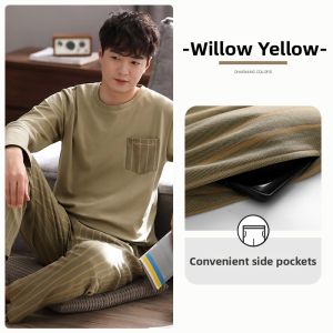 JIALEFEN | All-Season Wearable Thin Cotton Long Sleeve Mens Pajama Set