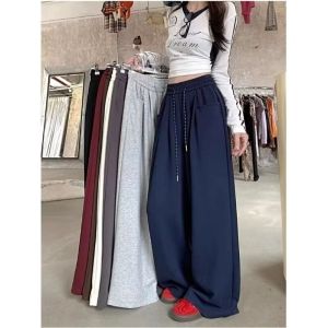 High Waist Loose Fit Casual Pants Womens Summer Sweatpants Pure Color Drapey Wide Leg Long Pants Floor Length Trousers