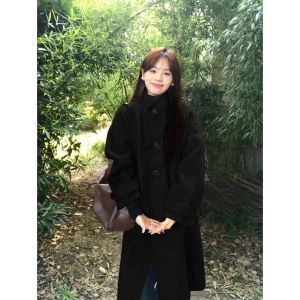 YEBO | Áo Khoác Len Dày Cỡ Lớn với Nút Sừng Thu Đông Phong Cách Retro Áo Khoác Trung Bình