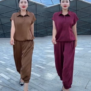 ชุดสองชิ้นแฟชั่นสตรีวัยกลางคน แขนสั้น ทรงเข้ารูป คอปก ทรงเก้าส่วน ชุดทำงานฤดูร้อน 2024 ผ้าผสมโพลีเอสเตอร์ 51-70%