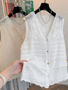 เสื้อกั๊กคอวีแขนกุดผ้าฝ้ายสีขาวหรูหราสำหรับผู้หญิง เสื้อเชิ้ตทรงสลิมฟิตสำหรับฤดูร้อนปี 2025 เสื้อผ้าทำงานสไตล์ลำลอง