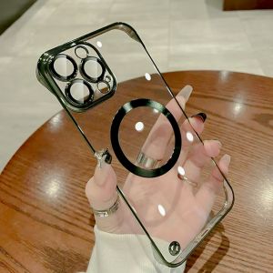 For iPhone 15 14 13 12 Pro Plus Max Plating Frameless For Magsafe Thin Support Wireless Charging Clear Slim PC Protect Phone Cover
