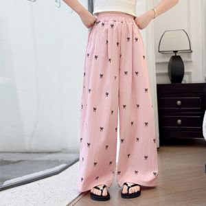 New Kids Girls Ice Silk Pants 7-16years old Loose Pants Fashion Baggy Pants Bow Tie Candy Pants Pink Blue Wide Leg Summer Pants Trend Casual Hot Sale Manila