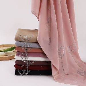 Jifang New Desgin Shimmer Starry Rhinestones Double Hearts Silver Beads Chain Pendant Tassels Bubble Chiffon Shawl Long Pashmina Tudung WC89