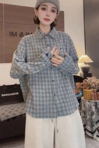 Wearable Blue Check Plaid Blouse Collared Shirt Inner Layer