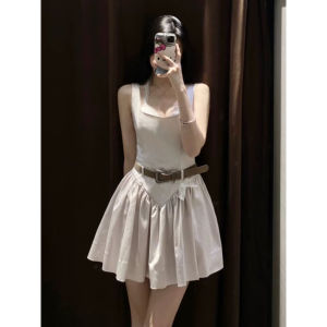 Váy Ngắn Không Tay Mùa Xuân 2025 Mới Về Cạp Cao Có Dây Đeo Quanh Eo Cho Nữ Váy Vest Bằng Vải Polyester Màu Trơn Mùa Hè