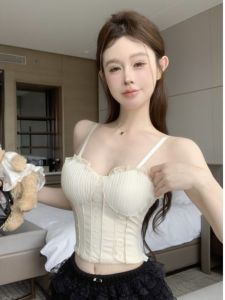 Design Sensation Lace Trim Patchwork Mini Strap Vest Women Outerwear Fishbone Wrapped Chest Pad Inner Match Top