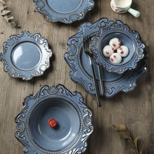 Nordic Baroque Style Relief Western Dinner Plate Salad Breakfast Plate Dessert Cake Steak Bowl Dining Utensils Ceramic Dish