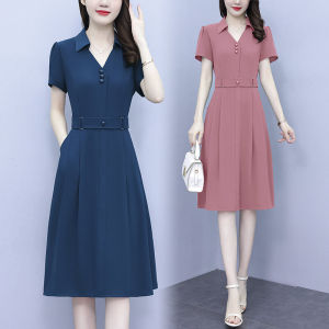 Váy Dài Vừa Phải Cỡ Lớn Mùa Hè Cho Phụ Nữ Trung Niên Có Eo Tay Ngắn Dáng Chữ A Cổ Chữ V Khóa Kéo Chất Liệu Khác